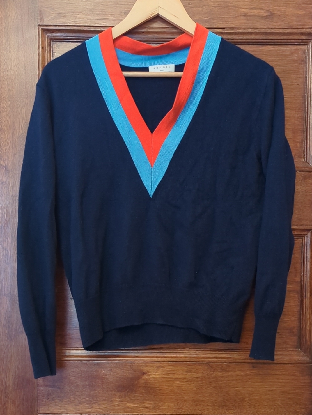 Sandro Wool V Neck Sweater Blue Knit Pullover Size S | Cashmere Blend